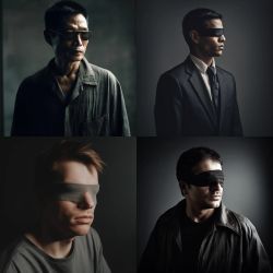 4 photos of men, 3 of them are wearing a cloth on their face, the top left one is an asian-looking man wearing aviator sunglasses. all of the photos are in a dark shade and have something mysterious to it.