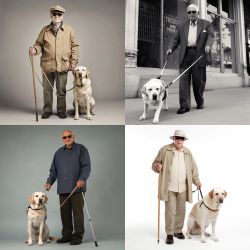 4 photos of men wearing sunglasses and holding a dog on a leash. The white cane somehow intertwines with the rope where the AI doesn’t understand the difference of the leash and the white cane. The left bottom one shows a man with a blue shirt, black pants, and holding in both his hands a leash and a short white cane in his left hand. The right top photo shows a black-white photo of a man.