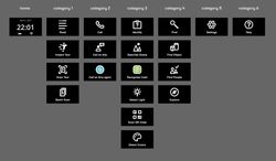Interface screenshot categorizing accessibility features into labeled groups, starting with “home” and continuing through “category 6”. Icons include functions like Call, Read, Identify, Instant Text, and others, organized clearly in columns.