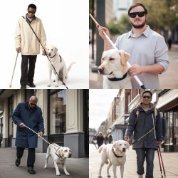 4 photos of men showing them with a dog, on the left top photo the men has two canes and a dog, the left bottom one has a cane but that looks like a leash attached to the dog, the right bottom one is a man that looks like he’s holding two canes and has a dog in front of him, the left top photo shows a man that is holding a cane towards his front and a dog in front of him. All of the men are wearing sunglasses.
