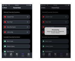 Two screenshots of a mobile Favorites settings screen from an app. The left screen shows selected and available favorite functions. The right screen shows a processing message indicating configuration of Envision Glasses.
