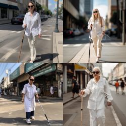 4 photos of women all wearing white clothing and wearing sunglasses. They’re all in walking motion on the street. The top two photos show a young woman, whereas the bottom one show two elderly women. They are all holding a cane what don’t resemble a white cane. The photo on the left bottom shows an asian-looking woman that looks like she’s holding a white cane which is most similar to a traditional white cane.