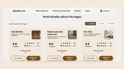 Koffiework website page displaying community-rated cafés in The Hague with reviews and ratings.