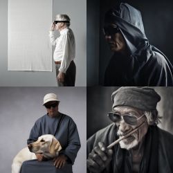 4 photos of men, they are all wearing glasses. Left top is standing in front of a white cloth, left bottom has a dog on his lap, right top man is wearing a robe/djellaba and the bottom right one has a stick he’s holding towards his face.