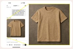 A digital mockup of a suede beige T-shirt shown on a phone screenshot and a zoomed-in detail to the right. The phone interface displays a ChatGPT conversation where the user requested a photo-realistic suede T-shirt. Yellow lines visually connect the original prompt to the generated image, emphasizing the speed of AI-powered design.