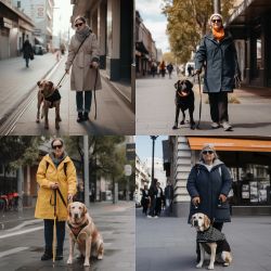 4 photos of women with a dog next/in front of them. The dog is on a leash and the women are standing on the street. They are all wearing sunglasses.