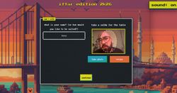Game interface step where a user enters their name and takes a selfie, with camera preview, “take photo” and “retake” buttons, set against an 8-bit Istanbul background.