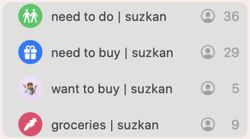 Shared task lists labeled “need to do,” “need to buy,” “want to buy,” and “groceries” with icons