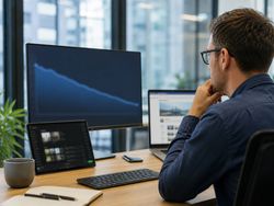 A person studying a dashboard with a downward graph on a large monitor.