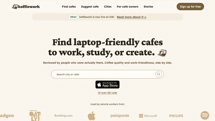 Screen recording of the Koffiework homepage slowly scrolling through laptop-friendly cafe listings.