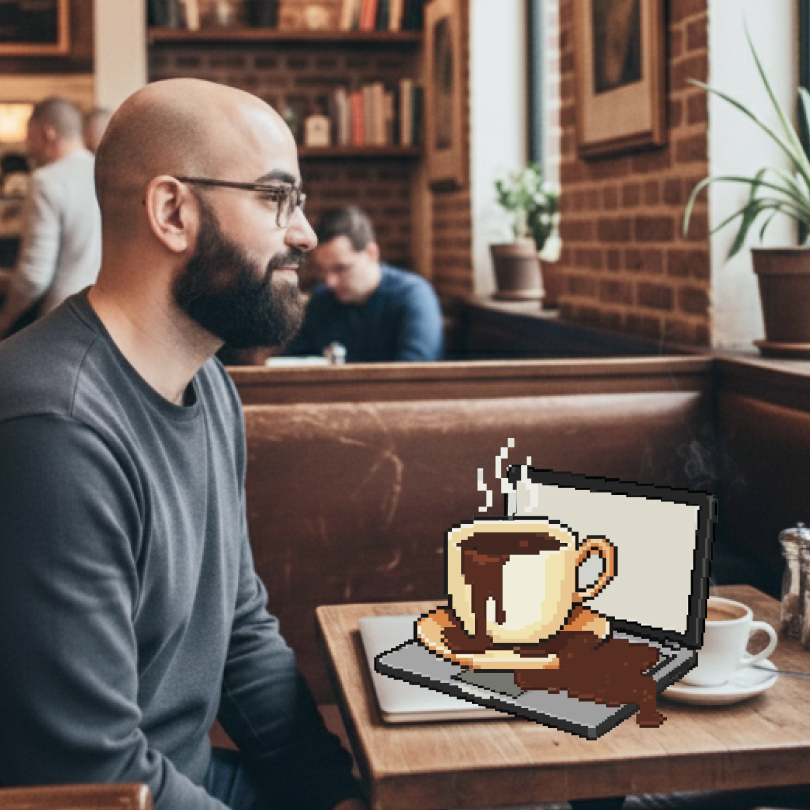 Man in café booth with pixel-art Koffiework logo overlaid on laptop and table.