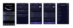 Series of five mobile app screenshots showing different configuration screens for Envision Glasses, including status, battery level, Wi-Fi connection, feature preferences, and toggles for Focus Mode and selecting favorites.