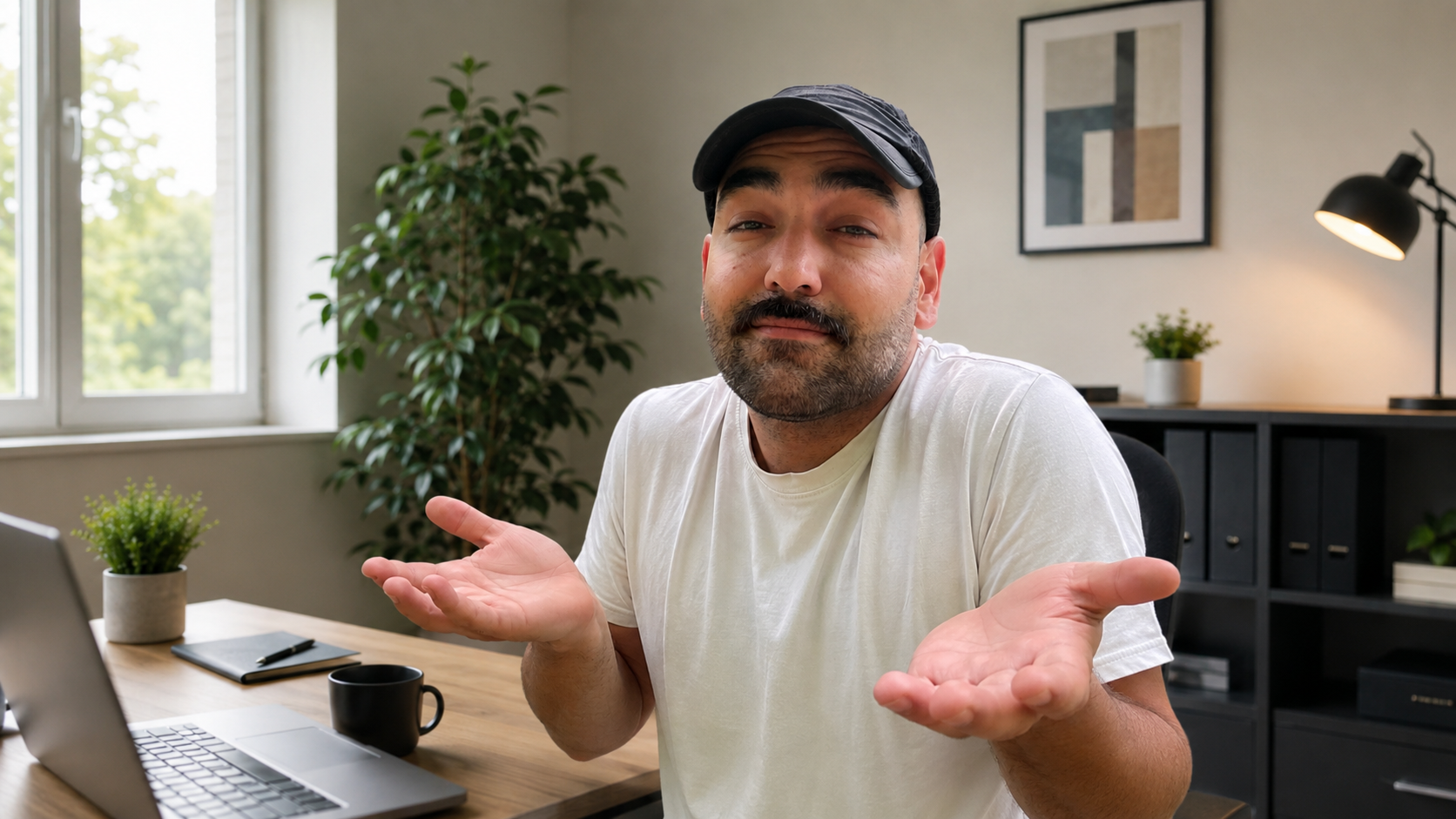 Ferkan sitting at a desk with a laptop, shrugging with a confused expression.