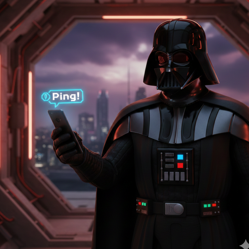 A horizontal photo of a character resembling Darth Vader standing in a futuristic space station hallway, holding a mobile phone. A glowing blue digital notification bubble above the phone says 'Ping!'. The background shows a dark, stormy cityscape at sunset.