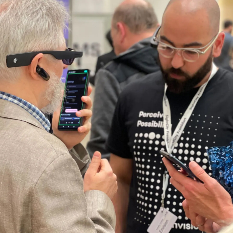 Collage of Envision Glasses interface sketches layered over a teal background.