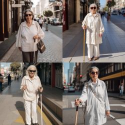 4 photos of elderly women (age 60–85), they all have a cane in their hand. The left two photos show a woman that are holding a white cane, whereas the right two ones show a yellow-wooden coloured cane. All of the women are wearing sunglasses and wearing white clothing.