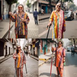 4 photos of women all wearing very bohemian-style colourful clothing. The photo on the top right and bottom show two east-asian looking women whereas the top left and bottom one show two white women. All of the 4 photos of the women show that they’re wearing sunglasses, standing in a street and holding some kind of cane in their hand. They’re all laughing.