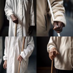 4 photos of a closeup of someone holding a stick. The people are all wearing a white dress.