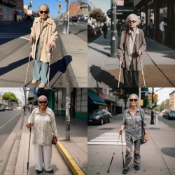 4 photos of women that look around the age of 55–75. All women are standing on the street and holding either 1 or 2 canes. They’re all wearing sunglasses and have grey hair.